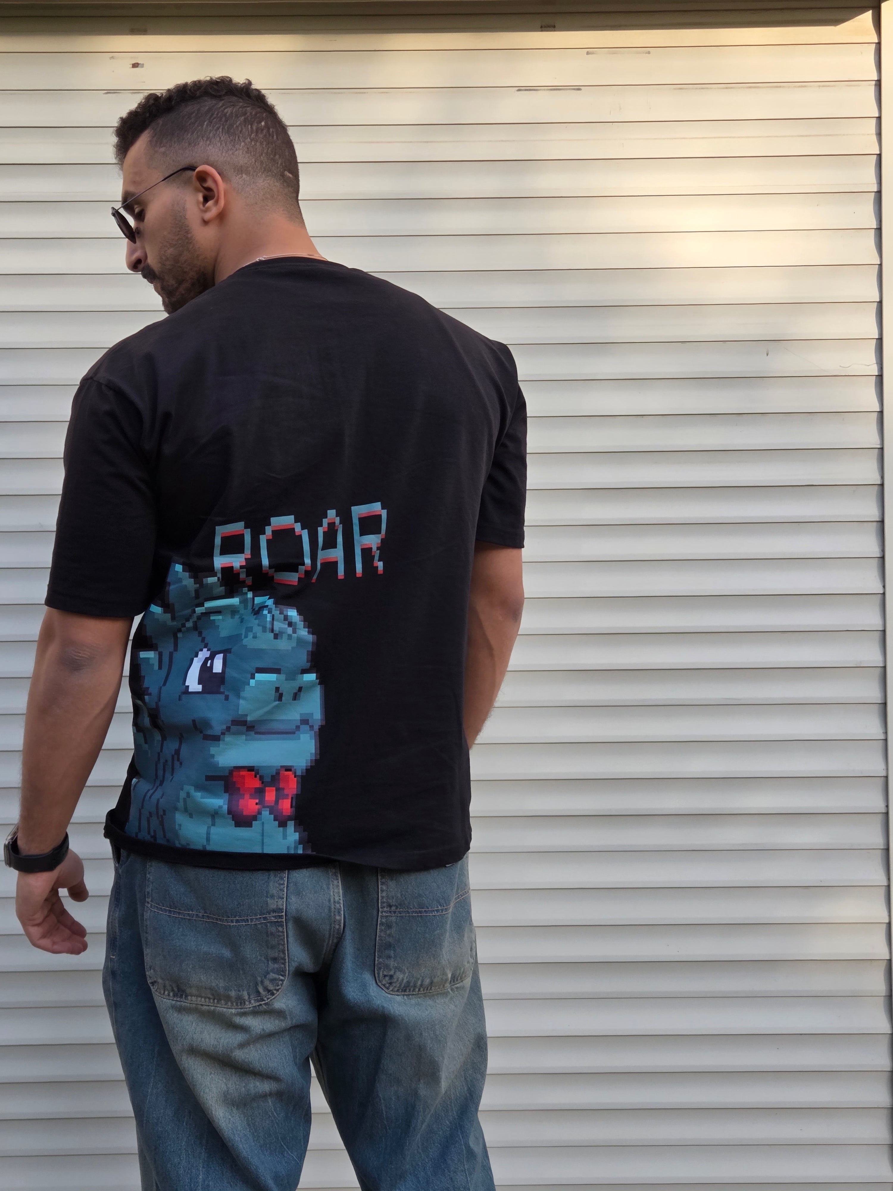 Pixelated Dino-Roar Black Oversized T-shirt