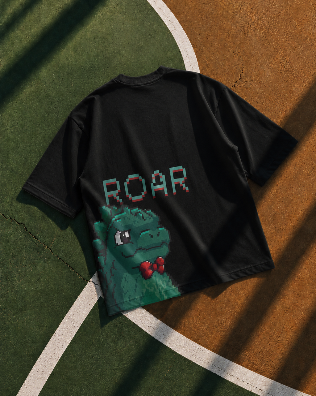 Pixelated Dino-Roar Black Oversized T-shirt